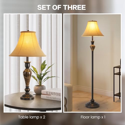 Living Room Vintage Table and Floor Lamp Set of 3 with Brown Shade (3 Count)