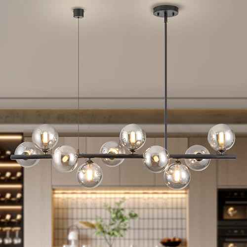Linear Chandeliers for Dining Room 10 Light Modern Linear Chandelier Sputnik Ceiling Light Fixture, 40" Island Lights for Kitchen with Smokey Gray Lampshade Dining Room Chandelier Height Adjustable