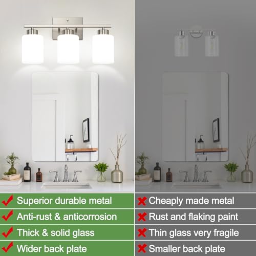 Brushed Nickel Bathroom Light Fixtures with Milk Glass Shades