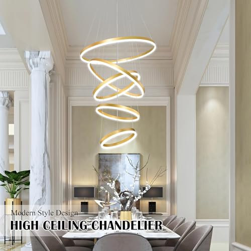 5 Rings Pendant Lights Modern Gold Led Chandelier Gold Modern Led Pendant Light Dimmable Height Adjustable Chandeliers for Dining Room Bedroom Entryway Living Room Foyer
