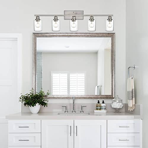 5 Light Bathroom Vanity Light Fixtures in Brushed Nickel Finish Indoor Wall Sconce Lighting Over Mirror with Clear Glass Shade for Living Room (5 Count)
