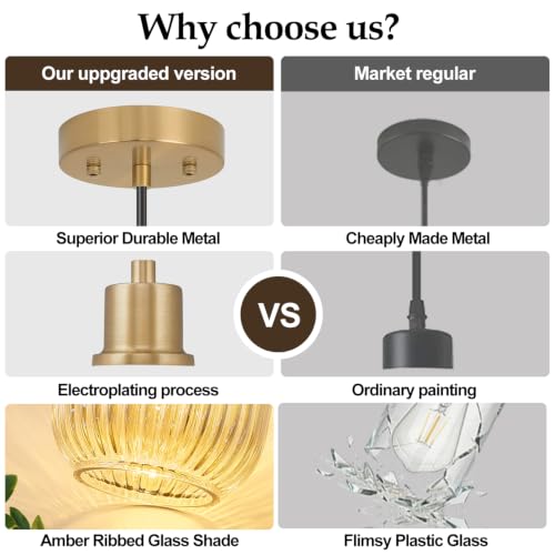 1 Pack Pendant Lights with Vintage Amber Ribbed Glass Lampshade