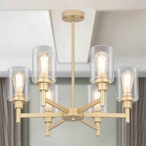 6 Light Gold Farmhouse Chandeliers for Dining Room Light Fixture 25"