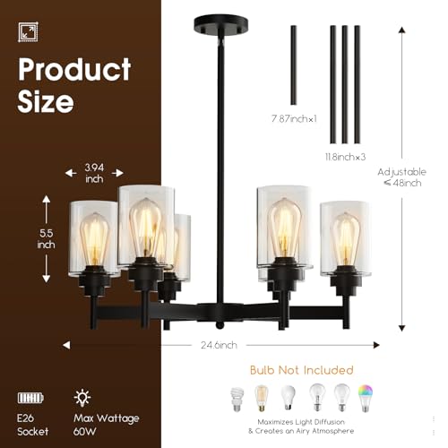 6 Light Black Chandelier 24.6" Black Dining Room Light Fixture