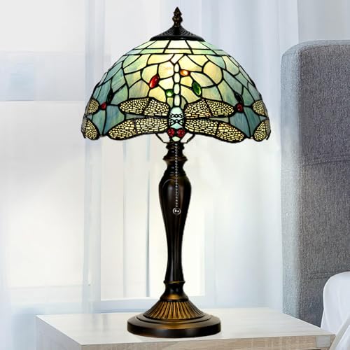 TL0023 Tiffany Style Dragonfly Table Lamp Stained Glass Blue Shade Reading Desk Light 12 X 20 Inches for Bedroom Living Room Home Office