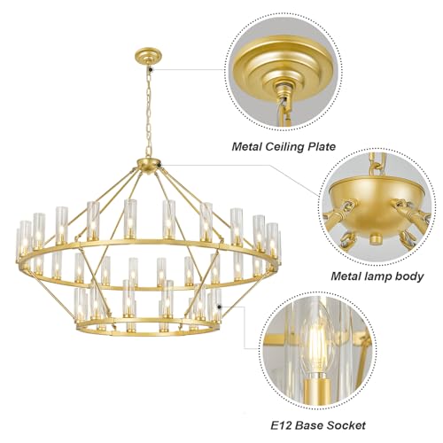 63 Inch Large Gold Wagon Wheel Chandelier with Clear Glass Shade 2 Tier 36