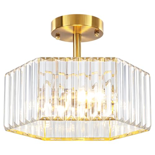 3 Light Crystal Semi Flush Mount Ceiling Light Gold Hallway Light Fixture