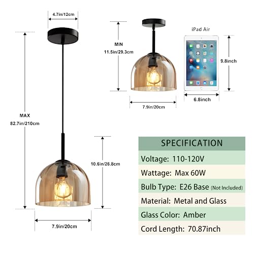 Amber Ribbed Glass Pendant Light Kitchen Island 7.8Inch Black Hanging Lamp