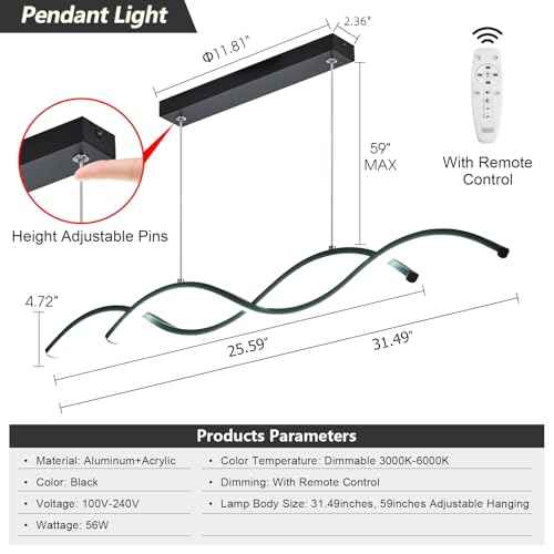 Modern LED Chandelier 31.49in Waving Linear Pendant Light Dimmable 3000K-6000K with Remote Control Hanging Island Light Fixture for Dining Room Living Room