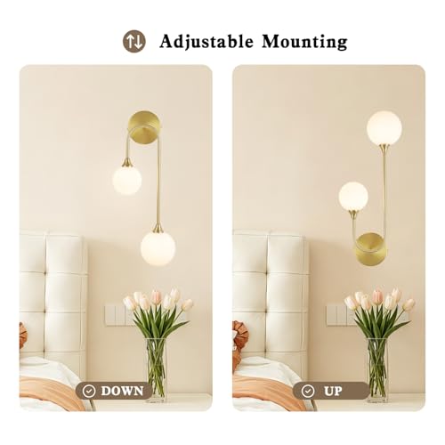 Mid Century Modern Wall Sconce Set of 2 Brushed Gold Milk Glass Sconces with Double Ball Hardwired Wall Light for Bedside Bedroom Bathroom Living Room Corridor G9 Base