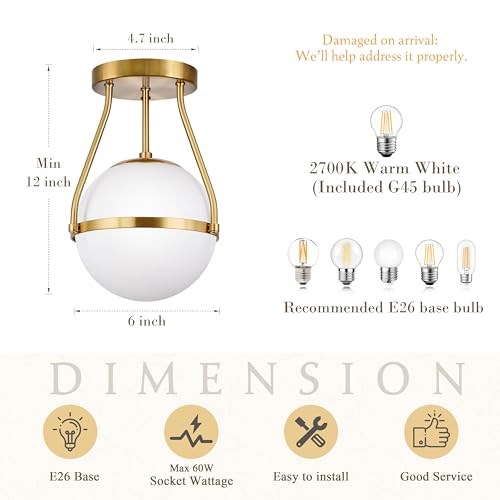 Globe Semi Flush Mount Ceiling Light Mid Century Modern Globe Ceiling Light Fixture with Milk Glass Shade Brass Finish for Living Room Hallway Kitchen Island Dining Room Laundry