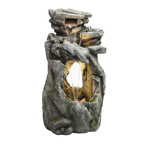 41" Tall Outdoor Cascading Rainforest Rock Waterfall Floor Fountain with LED for Gardens