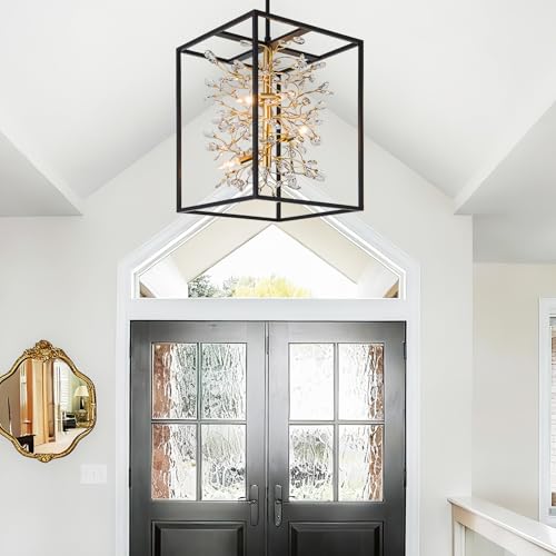 Modern Black and Gold Crystal Chandelier for Foyer Entryway
