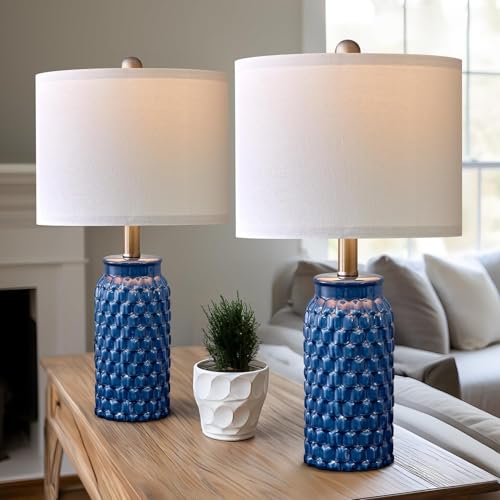 20.5 inches Modern Ceramic Dark Blue Bedside Lamp Set of 2 for Bedroom Decor Farmhouse Table Lamp for Living Room Office Dorm (2 Count)