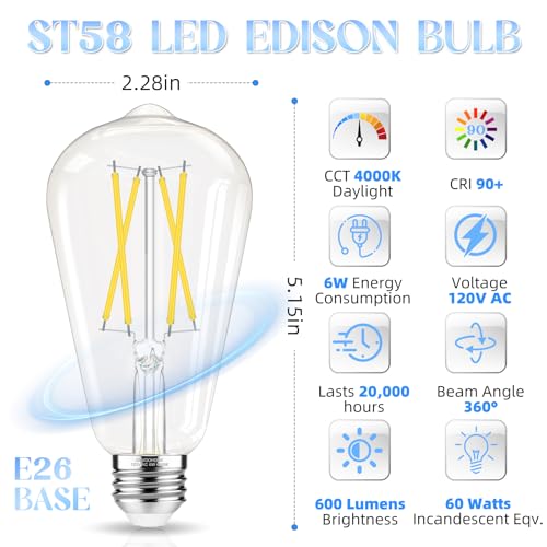 Edison Bulbs E26 LED Bulb 60 watt Equivalent 4000K Daylight White (12 Count)