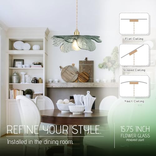 15.74" Large Glass Pendant Lights Dark Green Leaf Shade for Kitchen