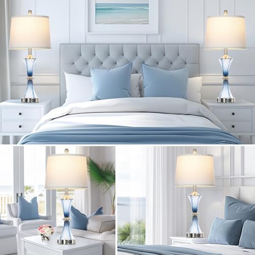 Blue Glass Table Lamp Set of 2 with USB C+A Ports & AC Outlet (2 Count)