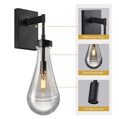 Raindrop Wall Sconces Set of Two Black Sconces Wall Decor Modern Wall Lighting Glass Bathroom Sconces Indoor Vanity Light Wall Lamp for Bedroom Living Room Stair (2 Count)