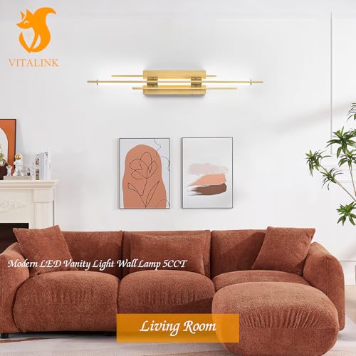 Gold LED Vanity Light 31IN Modern LED Bar Wall Light Over Vanity Mirror Hardwired Picture Light Dimmable Bathroom Wall Mount Lighting 5CCT
