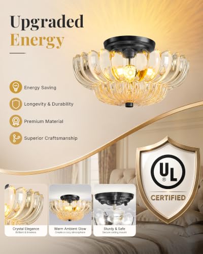 Semi Flush Mount Ceiling Light Fixture 11.8" Vinatge Black Ceiling Lights Mid Century Modern Clear Glass Close to Ceiling Lighting Fixtures for Bedroom Hallway Foyer Bathroom Kitchen Entryway
