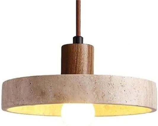 Travertine Pendant Light Natural Stone with Wood Accent Beige Disc Shade Adjustable Height E27 Base Wabi-Sabi Japandi Style Minimalist Ceiling Lighting(Walnut Color)