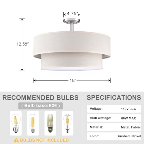 4 Light 18" Cream Fabric Brushed Nickel Semi Flush Mount Close to Ceiling Light Fixture