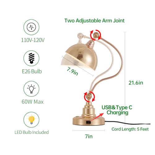 Dimmable Touch Control French Gold Swing Arm Desk Lamp with Charging Port