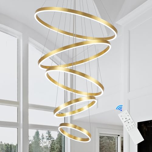 Gold Modern LED Chandeliers 5 Rings Chandelier for High Ceiling 31" Large Foyer Chandelier Entryway Dimmable Pendant Light Fixture for Living Room Staircase (5 Count)