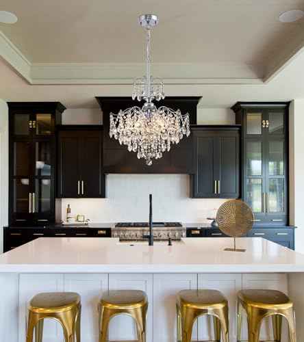Q&S Modern Crystal Chandelier Chrome Pendant Light 6 Lights for Dining Room Kitchen Island Entryway Bathroom Hallway UL Listed