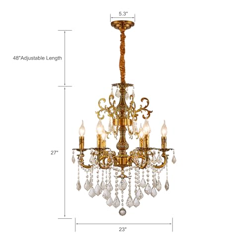 Vintage 6 Arms Crystal Chandelier Candle Light Fixture for Dining Room Living Room Bedroom Hallway Entryway Antique Gold Finish