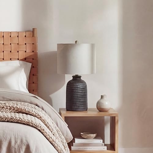 Home 24" Black Textured Ceramic Table Lamp with Tan Linen Shade