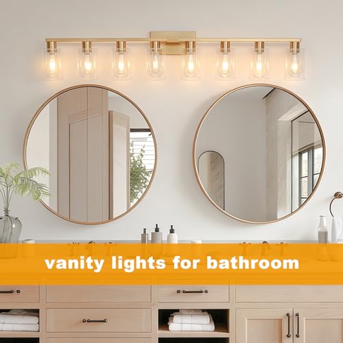 8 Light Bathroom Vanity Light Gold Bathroom Light Fixtures Brass Vanity Lights for Bathrrom 46 in Large Wall Sconce Brush Gold with Clear Glass Shade for Over Mirror