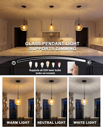 Amber Glass Pendant Lights Kitchen Island with Black Finish