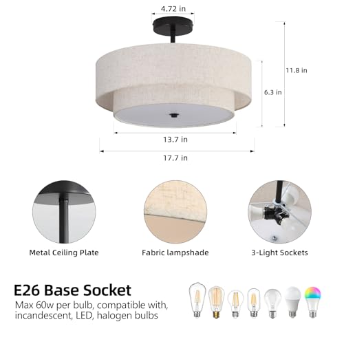 18" Semi Flush Mount Ceiling Light with Fabric Lampshade Modern Drum Ceiling Lamp Black Ceiling Light Fixture for Dining Room Kitchen Bedroom Living Room