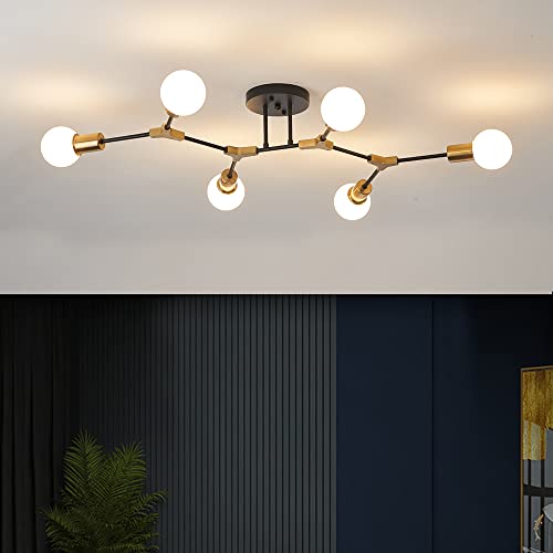Mid Century Gold and black Sputnik Semi Flush Mount Ceiling Light Fixture