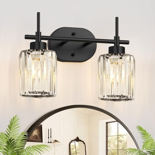 2 Light Matte Black Crystal Bathroom Vanity Light