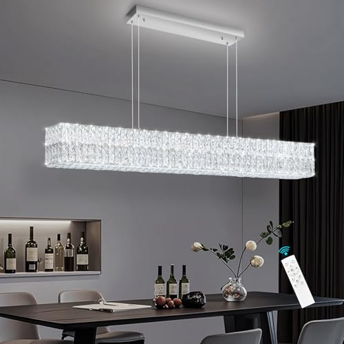 Rectangular Crystal Chandelier with Dimmable LED Lights Dining Room Remote Ceiling Pendants Lighting Fixtures for Kitchen Island Sliver