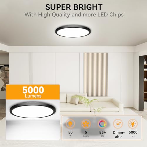 5CCT 3000k//3500k/4500k//5000k/6000k Selectable, Dimmable Led Flush Mount Ceiling Light, 20 Inch 5000LM Round Modern Flat Panel,Super Slim for Living Dining Kitchen Bedroom Room