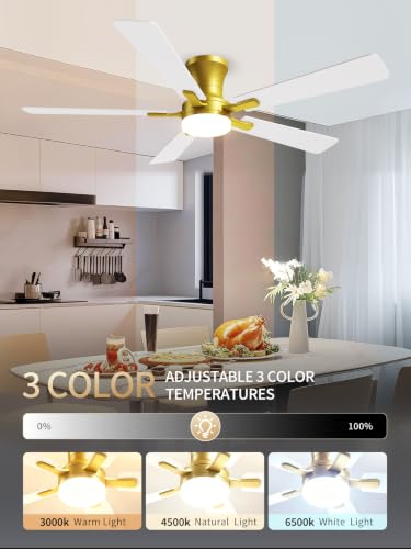 52 Inch White Gold Low Profile Ceiling Fan with Light and Remote (Gold White / 52 Inch)