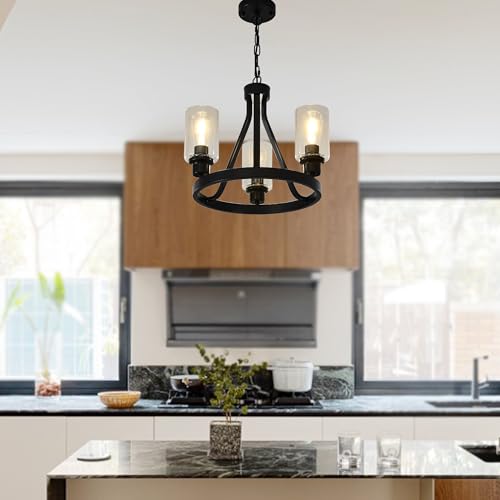 Black Farmhouse Chandelier Lighting Round 3 Lights with Glass Shade Ceiling Hanging Vintage Rustic Light Fixture for Dining Room Living Room Foyer Porch Kitchen Island