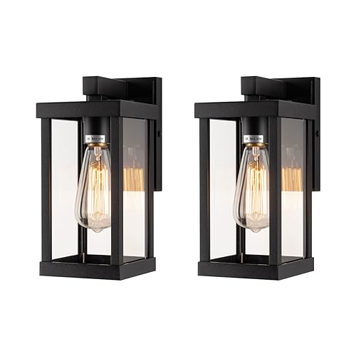 11" Classic Outdoor Wall Sconce 1 Light in Matte Black Rectangular Metal Frame and Clear Glass Shade Waterproof Porch Light Patio Light Pack of 2 (2 Count)