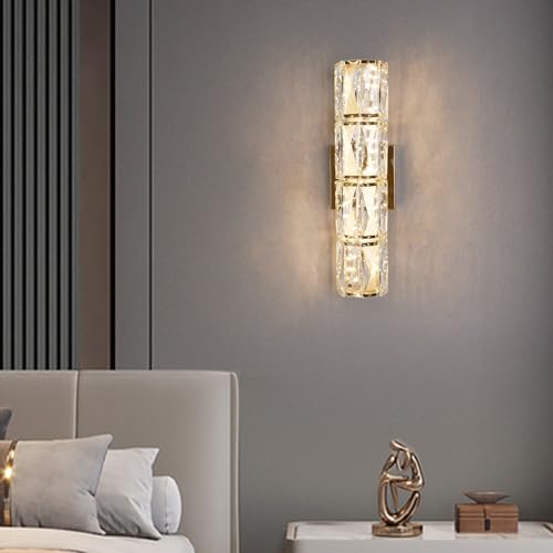 Gold Crystal Wall Sconce Dimmable LED with Remote for Bedroom