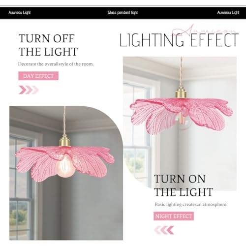 Art Decor Leaf Pendant Light Modern Hanging Ceiling Light Large Vintage Retro Pendant Lights 15.75" Pink Glass Shade for Kitchen Island Dining Room Entryway