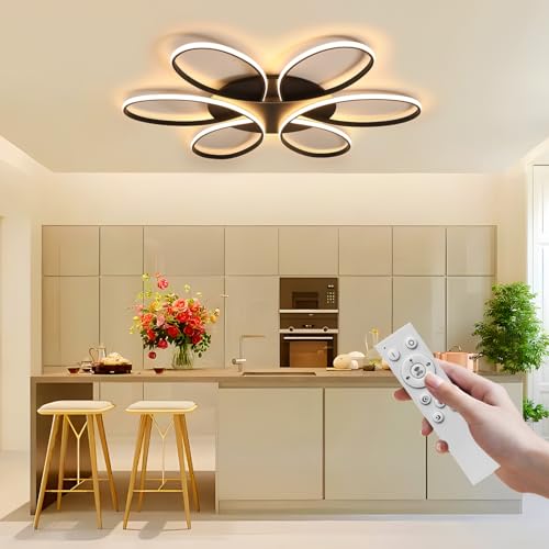 Modern LED Ceiling Light Fixture Black Flush Mount Ceiling Lamp with Remote Control Dimmable Rings Flower Shaped Ideal for Small and Medium Living Room Big Bedroom Kitchen