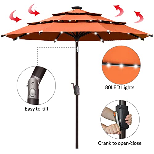 USA 10-Year-Non-Fading 9ft 3-Tier Market Patio Umbrella, Commercial Table Umbrella with 80 Solar LED Lights, Crank Open, Windproof & UPF 50+ UV Protection for Garden, Deck, Pool, Backyard, Rust