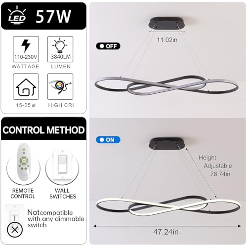 Black Snake Shaped Twist Dimmable Modern LED Pendant Chandelier