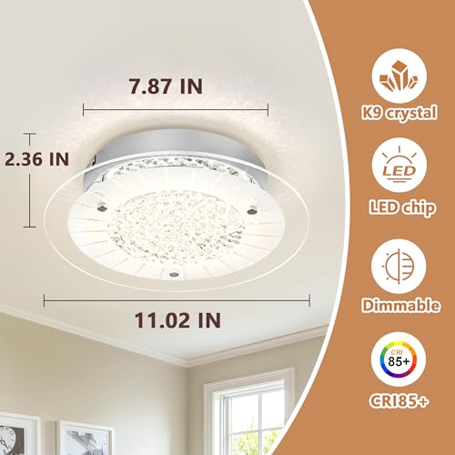 Crystal Ceiling Light Fixture Dimmable Modern Kitchen Light Fixtures LED 11" Crystal Flush Mount Ceiling Light Fixture for Bathroom Hallway Foyer Entrance Laundry Room Closet