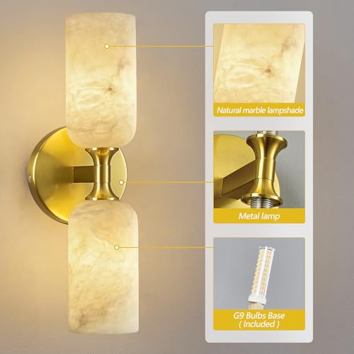 Natural Alabaster Wall Sconces Set of Two Modern Black Wall Lamp14in Milky White Alabaster Vanity Wall Lighting for Bedroom Bathroom Staircases Hallway（Included G9 Bulb） (2 Count)