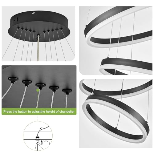 5 Rings Modern LED Chandelier Black High Ceiling Chandelier with Remote Control Dimmable Pendant Lighting for Dining Room Foyer Living Room Entryway Staircase