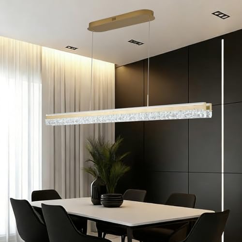 Modern Chandelier Gold Led Crystal Linear Pendant Lights Kitchen Island Lighting Minimalist Dimmable Ceiling Hanging Light Fixture Dining Room with Remote Control